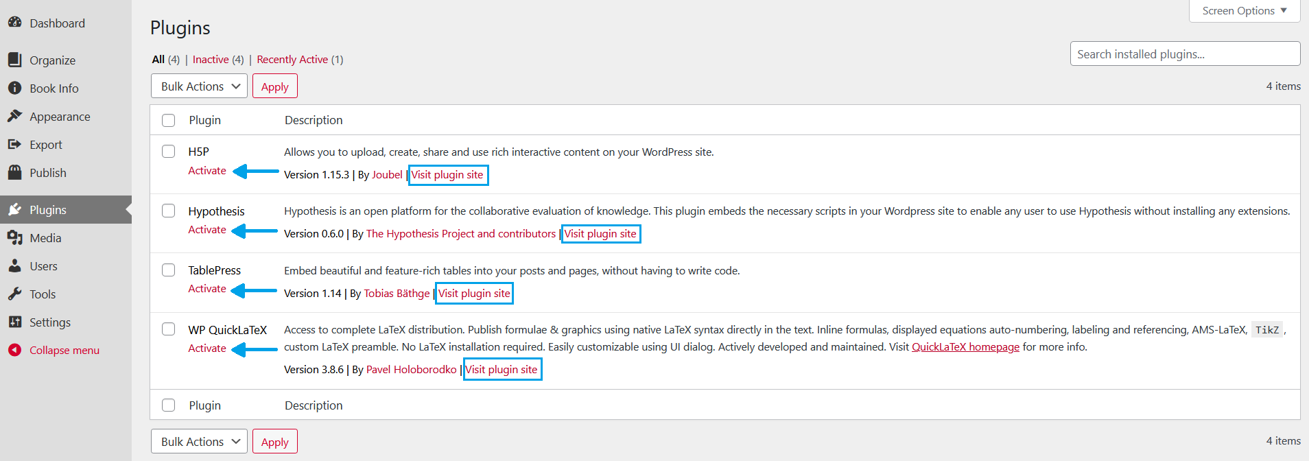 Pressbooks plugins menu.