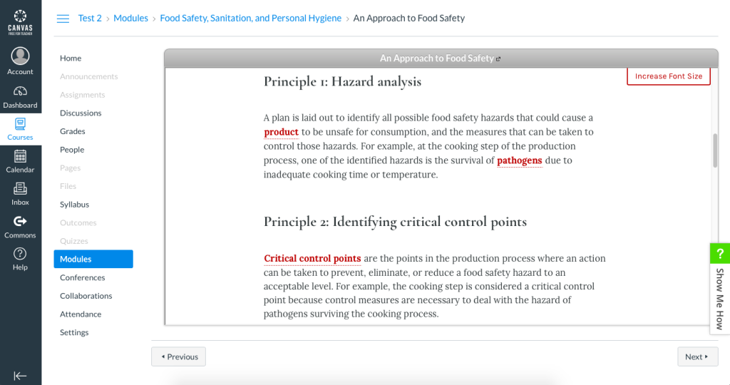 Screenshot of a Canvas course showing a Pressbooks book chapter embedded within the Canvas course shell