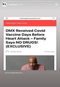Screenshot of an Instagram story with an image of rapper DMX and a headline discussing his death.