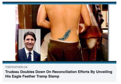 Image of the backside of a man, with a lower back tattoo of a feather alongside an image of Justin Trudeau smiling.
