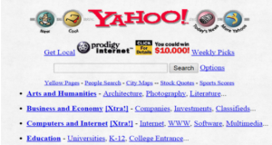 Screenshot of Yahoo from 1995, very busy with hyperlinks and retro clipart.