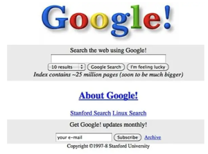 A screenshot of Google from 1998 featuring several links and buttons.