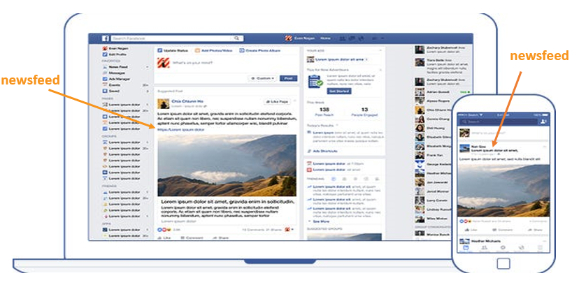 An image featuring Facebook's rolling newsfeeds on a laptop and phone.