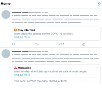 Screenshot of a Twitter feed featuring two labelled tweets, one label says Stay Informed, the other says "Misleading." The tweets are blurred.