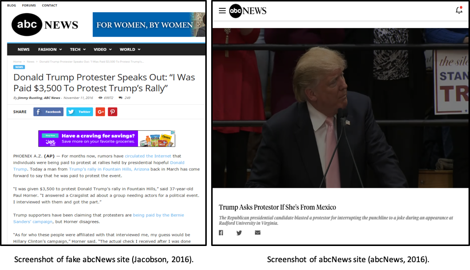 Side by side of a mimic abcNews site article and a legitimate ABC news article both covering stories about Donald Trump.