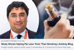 A screen shot of a news item shared on Facebook featuring a dubious looking man and a hand holding a vaping device. The headline reads: Study shows vaping far less toxic than smoking | ashtray blog.
