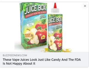 An image of an apple juice box and squeeze bottle that appear to be designed for children with the headline: These vape juices look just like candy and the FDA is not happy about it.