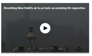 Screenshot of a what appears to be a YouTube video showcasing a cathedral like building covered in smog. Headline reads: Breathing New Delhi's air is as toxic as smoking 50 cigarettes.