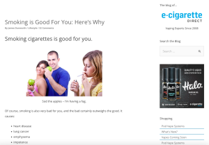 Screenshot of a website with the title: Smoking is good for you: here's why, featuring a couple happily embraced eating green apples next to a blonde woman lighting a cigarette.