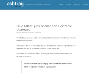 Post on Ashtray blog, titled Prue Talbot, junk science and electronic cigarettes