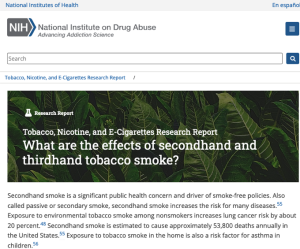 National Institute for Health webpage titled What are the effects of secondhand and thirdhand tobacco smoke?