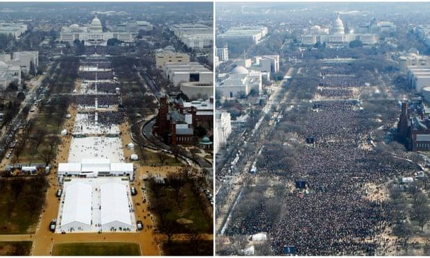 Two images, side-by-side, of presidential inaugurations in Washington, D.C.
