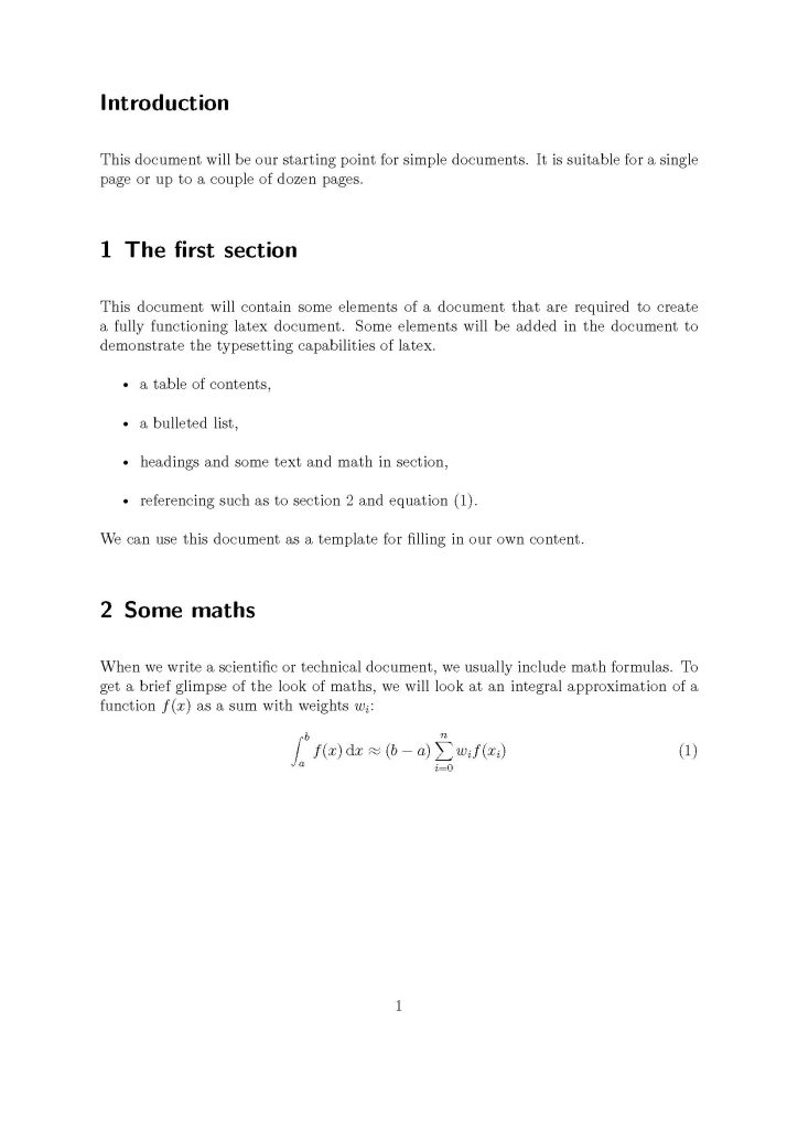 An image showing the result of a typeset latex document containing headings, an itemized list and a numbered math equation.