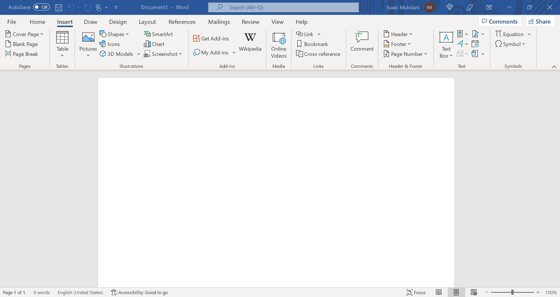 A blank MS Word document open in the editor showing the menu items with a focus on those under the Insert menu.
