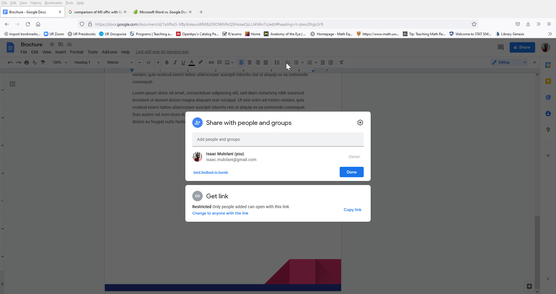 An image showing a Google Docs editing menu with sharing option active