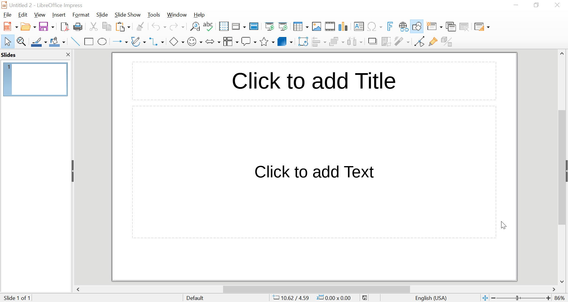 A blank slide open in the Impress editor open from LibreOffice