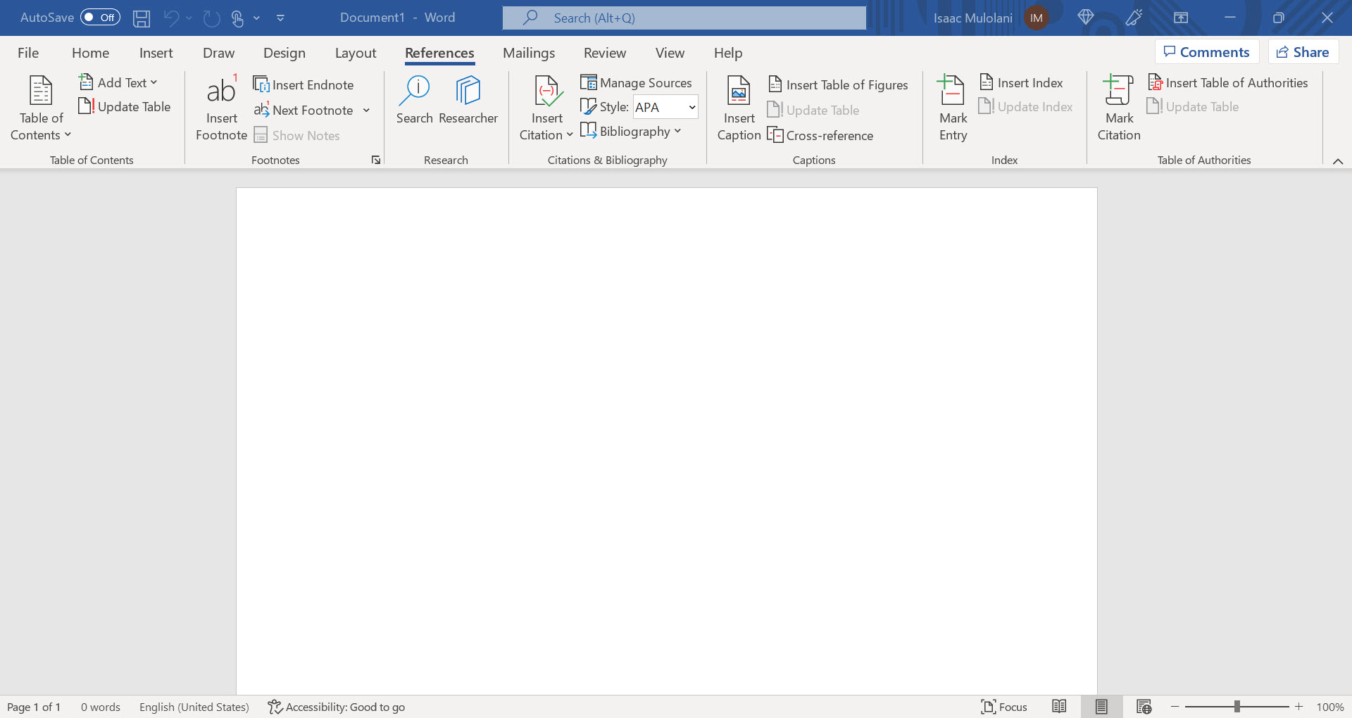 A blank Microsoft Word document open in the editor focussing on the References menu item.