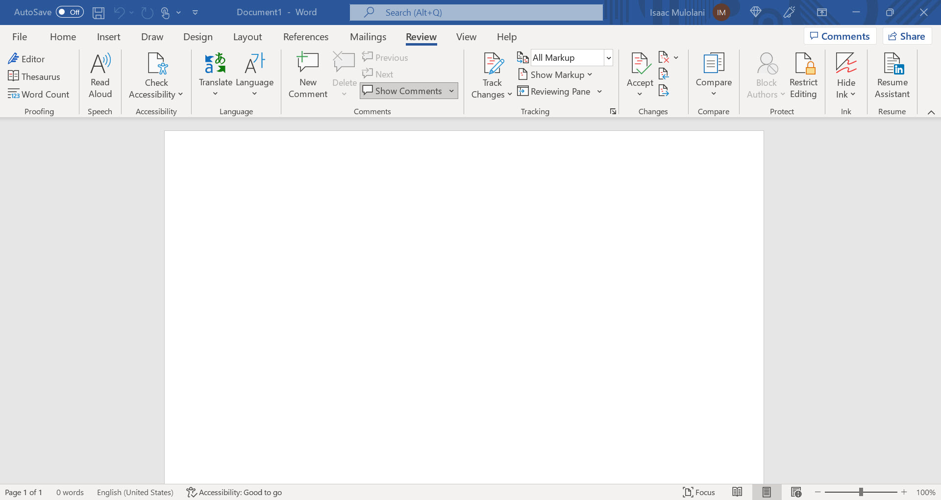 Another blank Microsoft Word document open in the editor focussing on the Review menu item.
