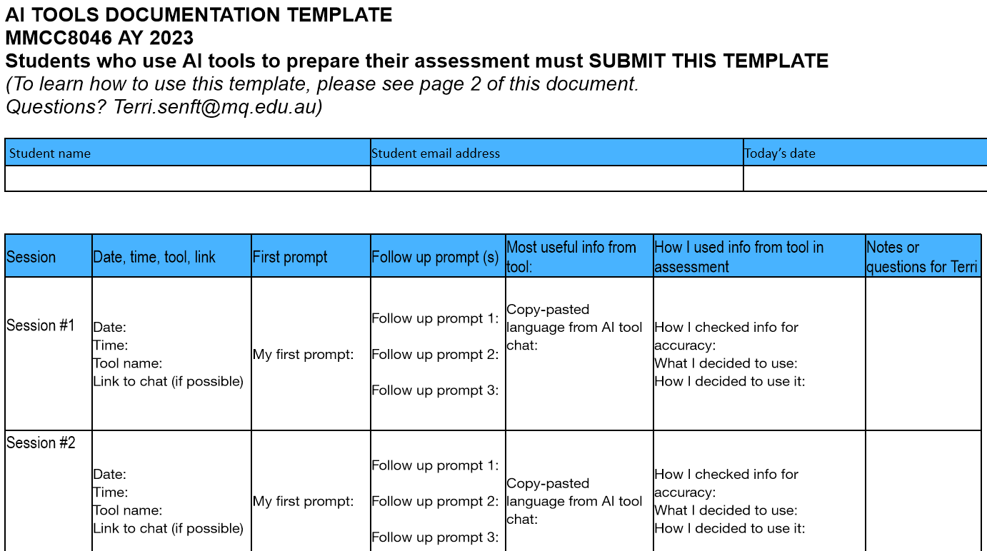 Screenshot of a Google Doc with the heading AI TOOLS DOCUMENTATION TEMPLATE. The text below the heading reads MMCC8046 AY 2023 Students who use AI tools to prepare their assessment must SUBMIT THIS TEMPLATE (To learn how to use this template, please see page 2 of this document. Questions? Terri.senft@mq.edu.au). Below that, there is a table with the headings Student name, Student email address, Today's date. Below that, another table with the headings Session, Date time tool link, First prompt, follow up prompt (s), most useful info from tool, how I used info from tool in assessment, notes or questions for Terri. Two more rows of the chart are visible, where students can enter information for session 1 and session 2.