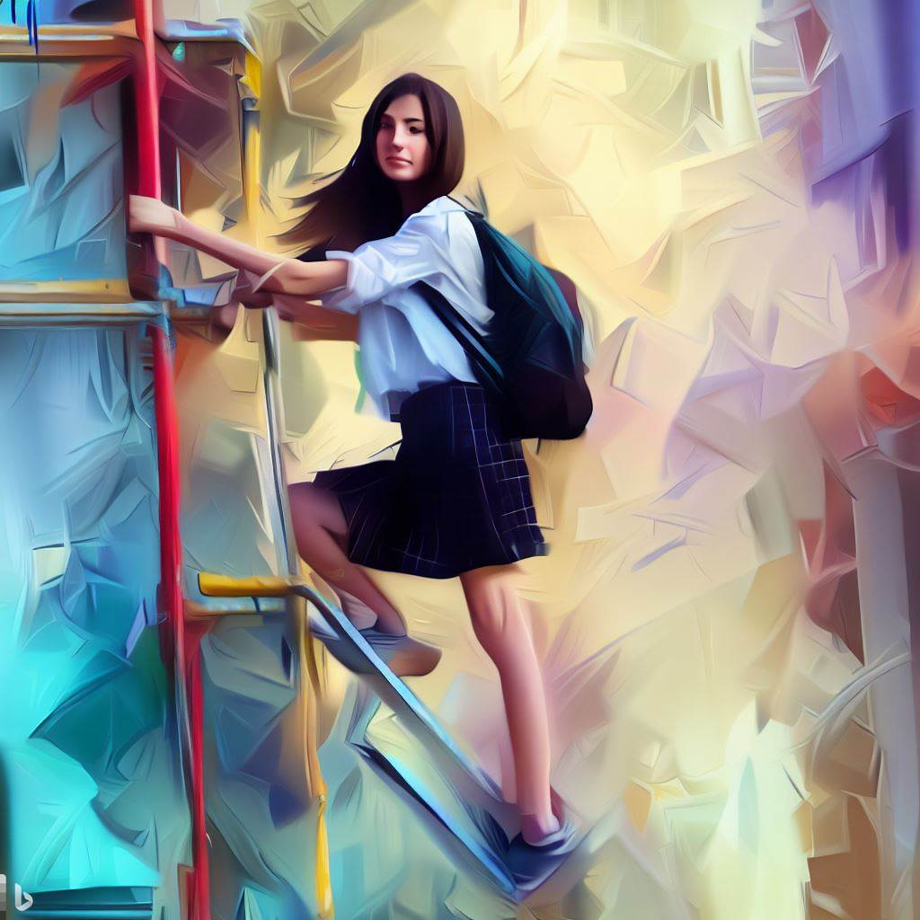 A young woman is climbing a scaffold